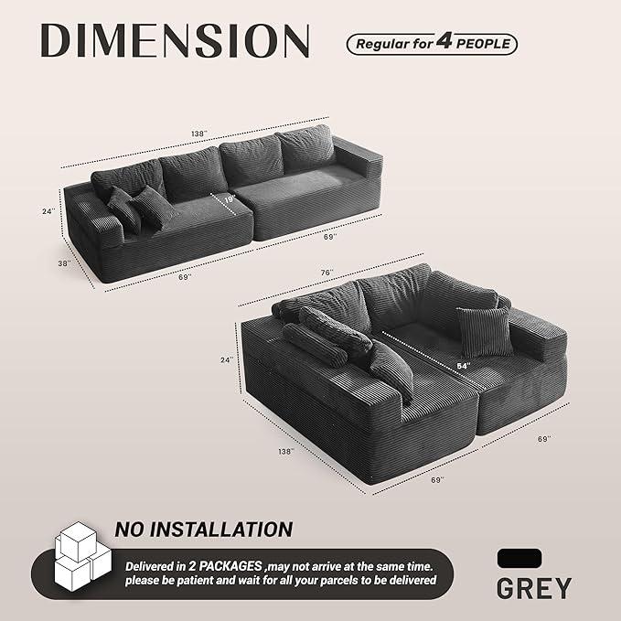 138" Modular Sofa Memory Foam Sectional Couches for Living Room, Sleeper Sofa Bed, Corduroy, Grey
