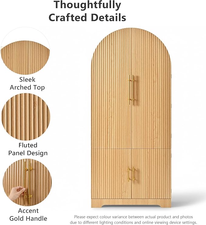 72" Tall Arched Kitchen Pantry Cabinet, Fluted Storage Cabinets with Hidden Drawer and 3 Adjustable Shelves, Cupboard with Door Shelves for Kitchen, Dining and Bathroom, Natural Wood
