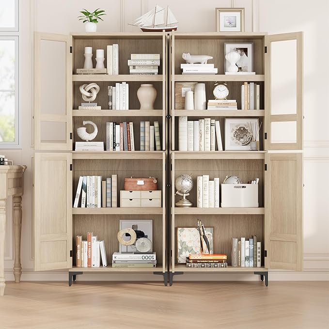 IDEALHOUSE Tall Storage Cabinet with Glass Doors, 71" Height, Adjustable Shelf, Light Oak Wood, Multi-Purpose Organizer for Kitchen Pantry and Bathroom (Natural Wood, 4 Doors with Glass)