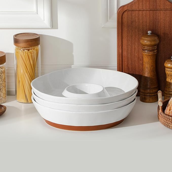 MALACASA Ceramic Chips and Dip Serving Tray, 12 Inch Large Divided Bowls Set for Salsa, Veggies & Dip, Appetizers, Snacks, Free-Form Serving Dish Platter for Parties Hosting & Entertaining, White