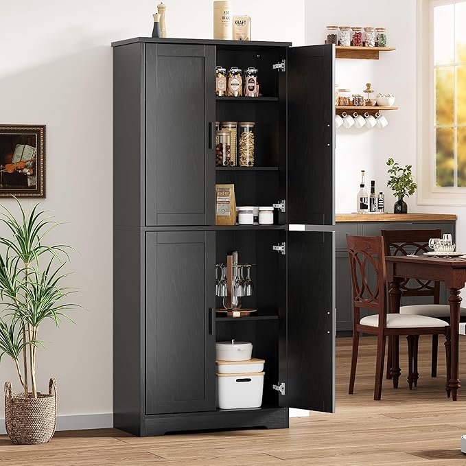 IDEALHOUSE Pantry Cabinet,70" Tall Kitchen Pantry Cabinet with 4 Doors and 3 Adjustable Shelves, Freestanding Cupboard, Modern Storage Cabinet for Bathroom, Dining Room, Living Room, Black