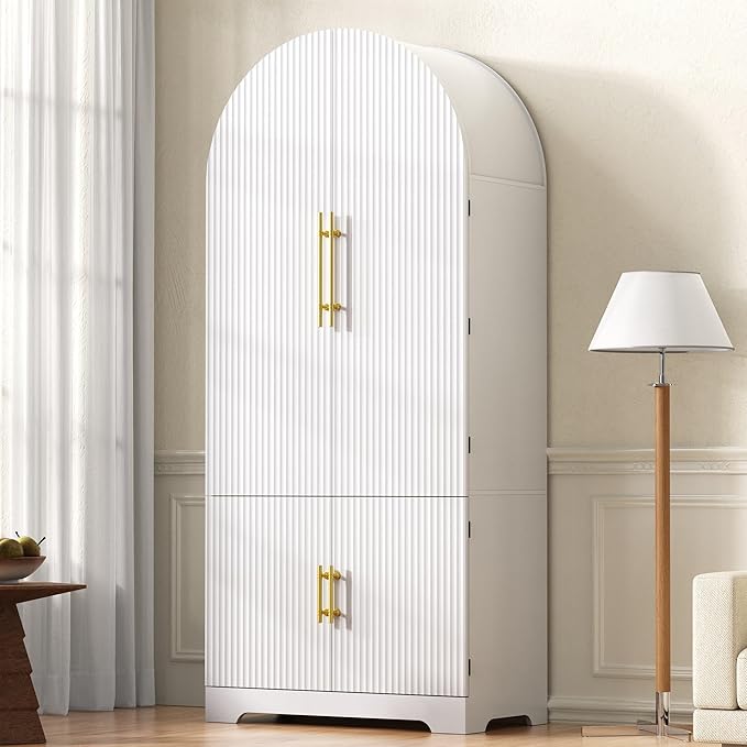 72" Tall Arched Kitchen Pantry Cabinet, Fluted Storage Cabinets with Hidden Drawer and 3 Adjustable Shelves, Cupboard with Door Shelves for Kitchen, Dining and Bathroom, White