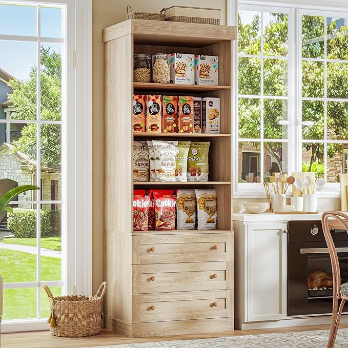 71" Tall Farmhouse Bookshelves, Brown Large Bookcase with Adjustable Shelves, 3 Drawers Wooden Storage Cabinet for Living Room, Kitchen, Dining Room, Home Office, Open Cabinet