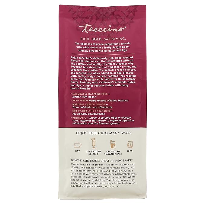 Teeccino Chocolate Mint Chicory Coffee Alternative - Ground Herbal Coffee That?™s Prebiotic, Caffeine Free & Acid Free, Light Roast, 11 Ounce (Pack of 3)