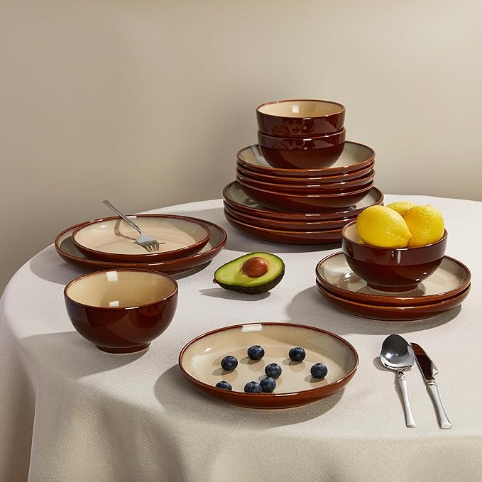 Dinnerware Sets with Double Bowls Service for 8, Brown Yellow