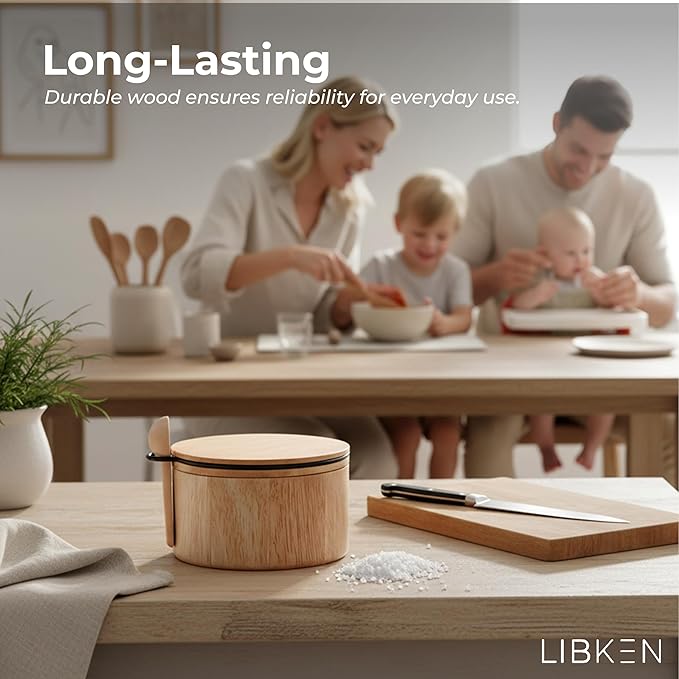 Wooden Salt Box with Lid & Spoon ??Rubberwood Keeper, Magnetic Swivel Top to avoid Dust, Minimal Scandinavian Bowl for Pepper, Spices, Herbs and Salt, Natural Salt Storage Container - Wood Lid