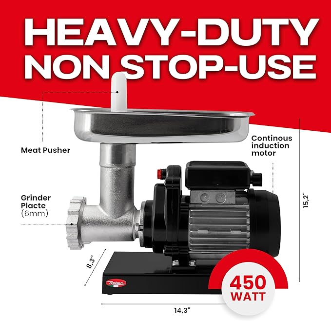 Reber Electric Meat Grinder N.8 450W ??Meat Mincer and Sausage Maker ??Tinned Cast Iron Body, Stainless Steel Knife and Plate ??Induction Motor for Continuous Use ??Made in Italy