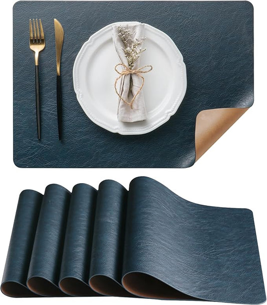 DOLOPL Placemats Set of 6 Reversible Dual-Color Table Placemats ??Heat Resistant Wipeable & Washable Place Mats, Luxury Faux Leather Table Mats for Vintage Dining Table Decor (Camel & Navy Blue)