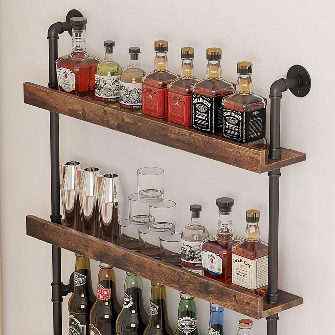 Floating Bar Shelves, 5-Tier Wood Wall Mounted Wine Rack with LED, Liquor Bottle Shelf Display for Home Bar, Kitchen, Restaurant(40" W x 79" H x 8.6" D)