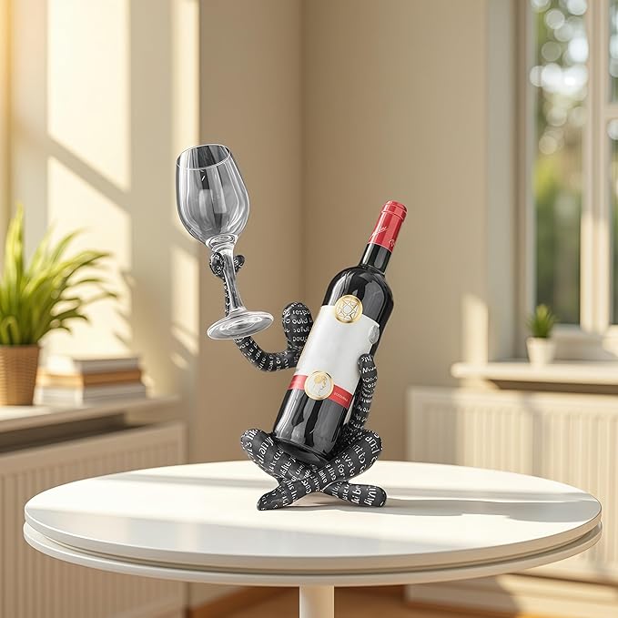 XINXUAN Abstract Wine Bottle Holder Home Decor, Resin Hollow-Out Design Decorative Wine Rack (Letter - Black)