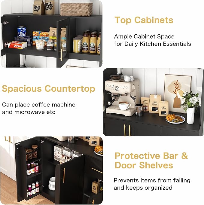 Kitchen Hutch Storage Cabinet: 71" Tall Black Pantry Cabinet with Microwave Shelf, Shaker Style Food Storage Cabinets with Doors and Countertop, with Lights and Charging Station (Black)