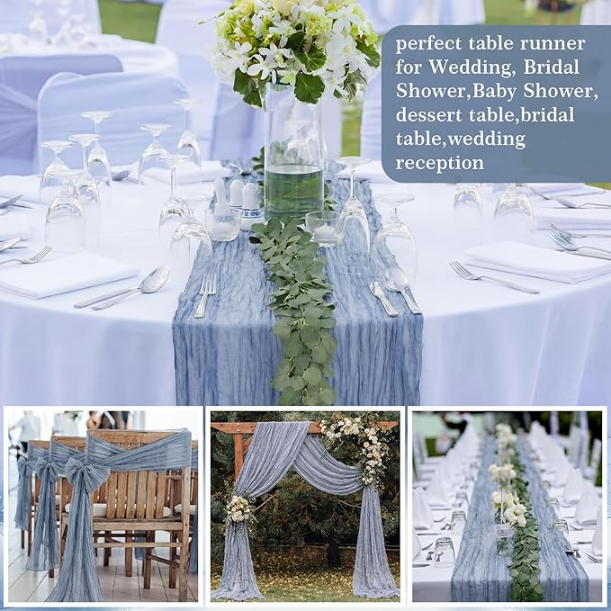 Gilprop 60 Pack Dusty Blue Cheesecloth Table Runner Decor Set 10 ft Table Runner & 7.9ft Artificial Eucalyptus Garland Boho Gauze Fabric Centerpiece for Wedding, Bridal Baby Shower, Party Decorations