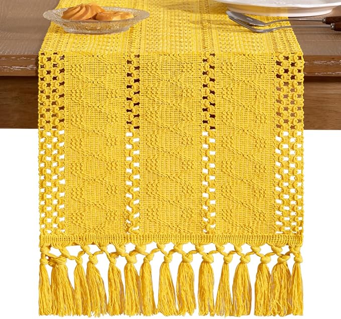 Socomi Boho Table Runner Macrame Valentine's Day Farmhouse Woven Cotton Linen Rustic Coffee Table Runner with Tassels for Dresser Scarf Home Decor Dining Room 12x90 in Yellow Gold