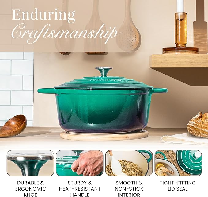 Nuovva Enamelled Cast Iron Dutch Oven Pot with Lid ??6.4 Quart Non Stick Casserole Pot ??Heavy Duty & Oven Safe up to 500째 F for Bread Baking, Braising, Stews, Roasting ??28cm Dark Green