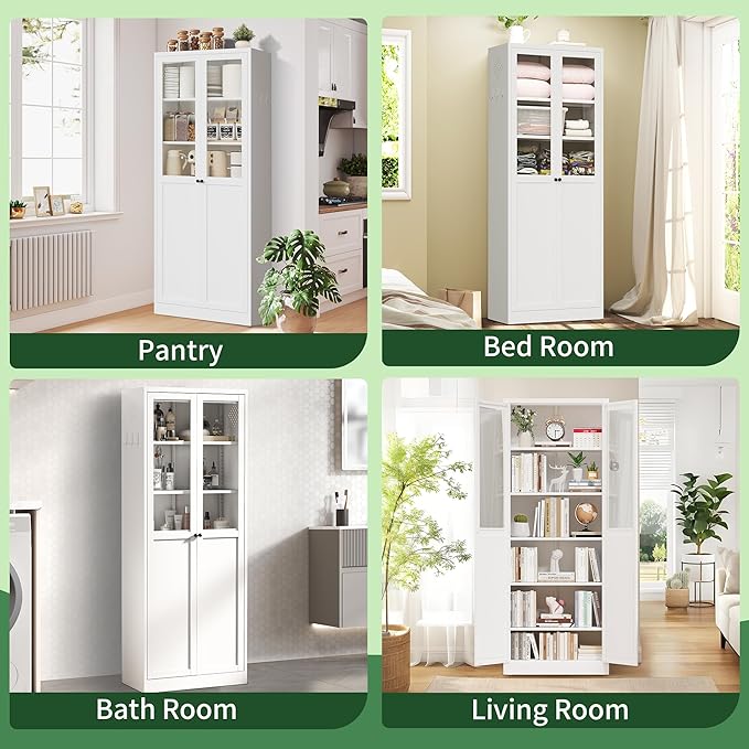72" Tall Kitchen Pantry Cabinet,White Metal Pantry Cabinet with 2 Doors & 5 Adjustable Shelves,Utility Storage Cabinet Rust-Resistant for Living Room,Dining Room,Bathroom,Garage,Basement