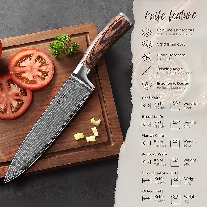 Wakoli EDIB 6-Piece Damascus Knife Block Set ??Professional Kitchen Knives with Magnetic Acacia Block ??Kitchen Knife Set made of 67-Layer Damascus Steel Blades & Ergonomic Pakkawood Handles