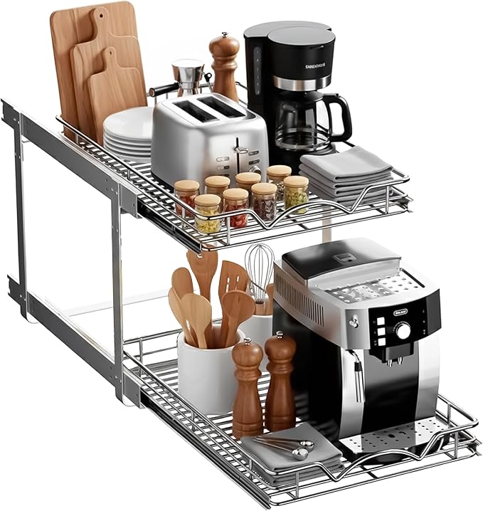 HOLDN??STORAGE Two Tier Pull Out Cabinet Organizer, Individual Sliding Drawers - Heavy Duty Metal with Lifetime Limited Warranty - Anti Rust Chrome Finish - 17" W x 21?쒭 x 16.5" H