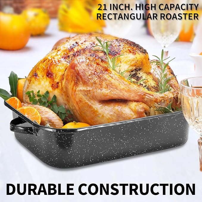 Roasting Pan with Rack, 21??Rectangular Granite Roaster Pan, 25lb Capacity, Large Roaster Pot for Baking Turkey with Versatile Lid