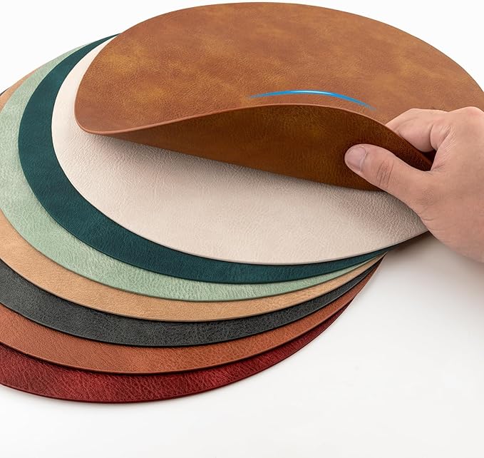 ADRIMER Placemats, Heat Resistant Round Placemats Set of 4 Washable, Waterproof Table Mats, Wipeable Faux Leather Place Mats for Kitchen, Dining Room, Turmeric Brown