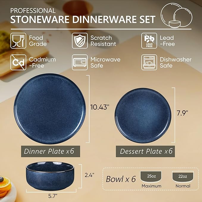 Herogo 18 Pieces Stoneware Dinnerware Sets Service for 6, Dinner Plates and Bowls Sets, Double Reactive Glaze Dishes Set for Kitchen, Scratch Resistant, Microwave & Dishwasher Safe, Starry Blue