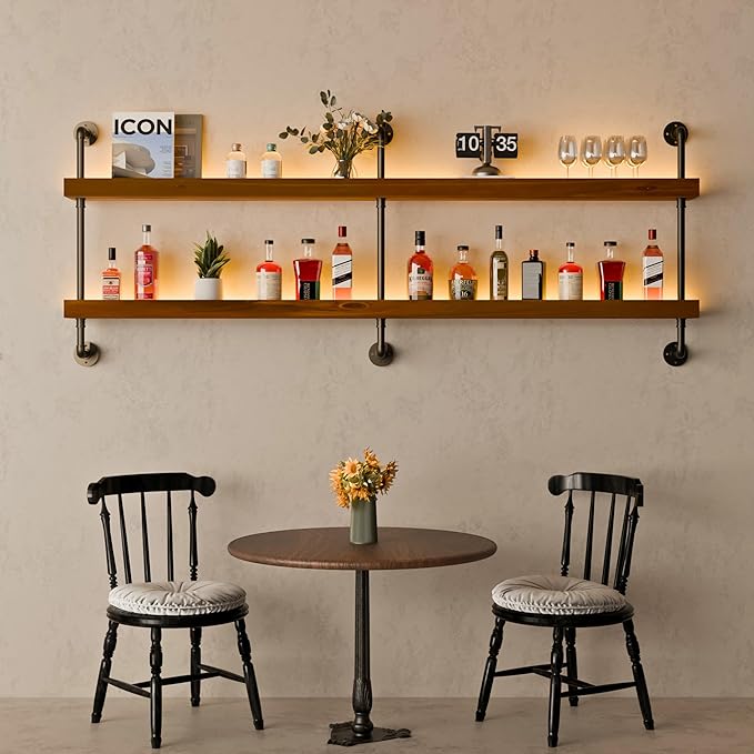 Wall Mounted Wine Rack with LED Light, LED Industrial Pipe Wine Shelf, 2-Tier Hanging Bottle Rack, Bar Storage Shelf for Bottles (Walnut Brown, 60")