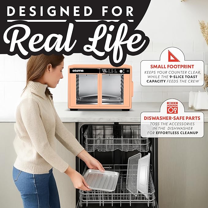Gourmia French Door Air Fryer Oven - 37 Qt Large Capacity Convection Toaster Oven, FryForce 360°, Digital Display, 12 Cooking Presets, Dehydrate, Fits 13??Pizza, Dishwasher-Safe, Peach