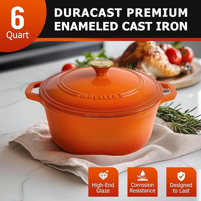 MUELLER HOME 6 Quart Enameled Cast Iron Dutch Oven for Bread Baking, Heavy-Duty Oven-Safe up to 500째 F, & Across All Cooktops, House Warming Gifts New Home, Cast Iron Cookware, Gifts for Women, Orange