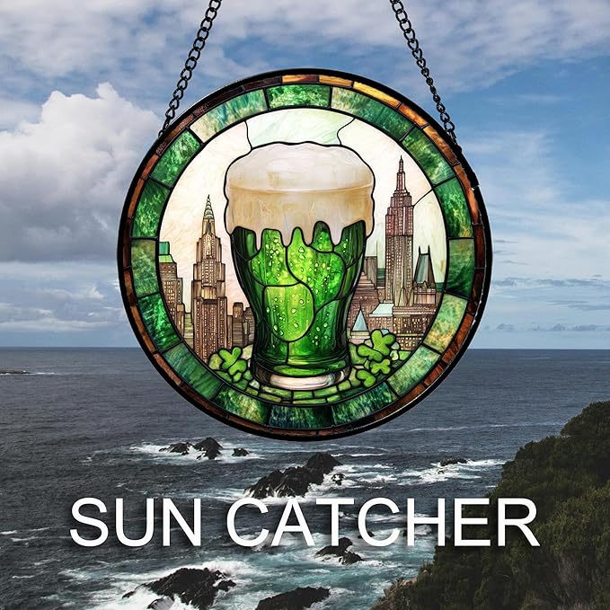 Stained Glass Window Hanging Green Clover City 9.8" - St. Patrick's Day Irish Decor Suncatcher Door Garden Sun Catcher Birthday Christmas for Woman Nana Friend Men