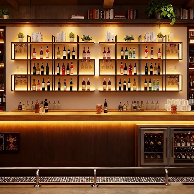 71IN Large Wall Mounted Wine Rack with LED Light, Metal 4 Tier Floating Wine Shelf with Glass Holder, Modern Hanging Bar Liquor Bottles Storage Rack for Home Bar Dining Room Decorative (70.8in/180cm)
