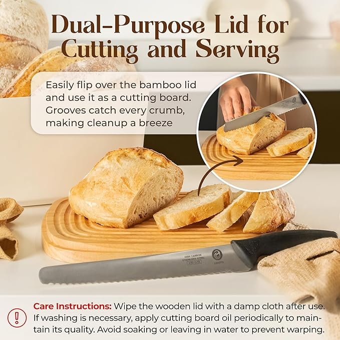 Extra Large Bread Box for Kitchen Countertop with 2 Bread Bags - Sturdy Modern Construction, Ribbed Design Keeps Bread Fresh Longer - Large Sourdough Bread Box with Cutting Board Lid (White)