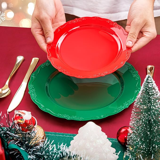 U-QE 100Pcs Christmas Plastic Plates - Green and Red Plate Disposable for Party, Plastic Christmas Plates Disposable Include 50 Red Dessert Plate, 50 Green Dinner Plate Suite for Party