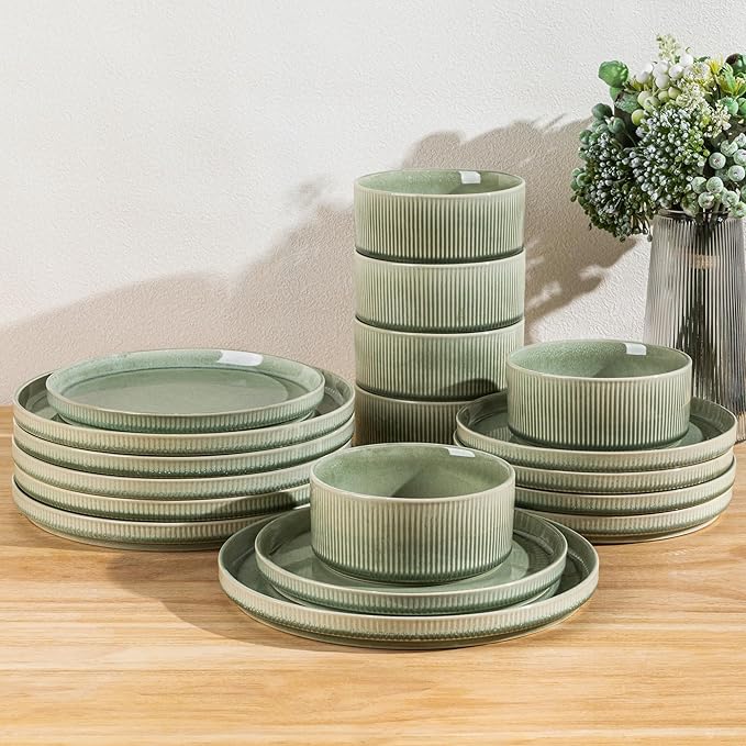 GBHOME Stoneware Dinnerware Sets for 6,Round Reactive Glaze Ceramic Plates and Bowls Set,Highly Scratch Resistant | Dishwasher & Microwave Safe Dishes Set,Service for 6(18Pcs)竊똋ight Green