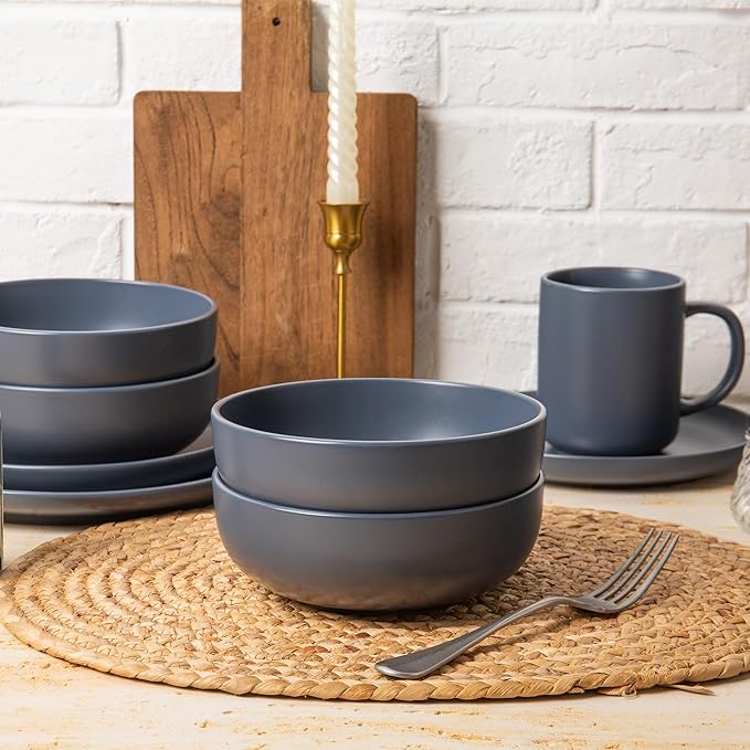 Furrnook 12-Piece Stoneware Dinnerware Set with Mugs | Microwave and Dishwasher Friendly | Stackable Matte Glaze Plates & Bowls | Service for 3 (Blue for 4)