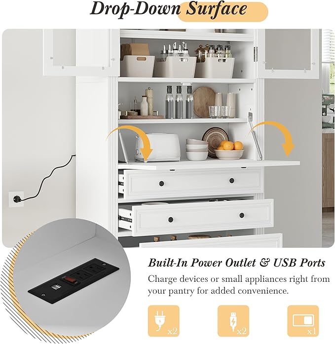 Merax 78 Inch Extra-Tall Freestanding Kitchen Pantry Storage Cabinet, Multifunctional Cupboard with 3 Drawers, Adjustable Shelves & Power Outlet Drop-Down Surface for Dining and Living Room, White
