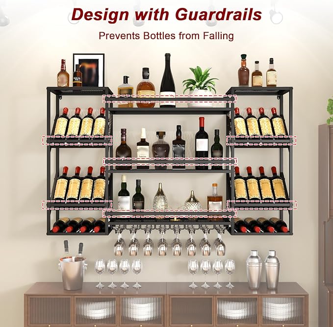 Wall-Mounted Wine Rack, 3-Tier Wine Bottle Display Shelf with Glass Holder, Metal Wine Rack Wall Mounted for Home Bar Kitchen Dining Room Coffee Shop (Black, 47in)