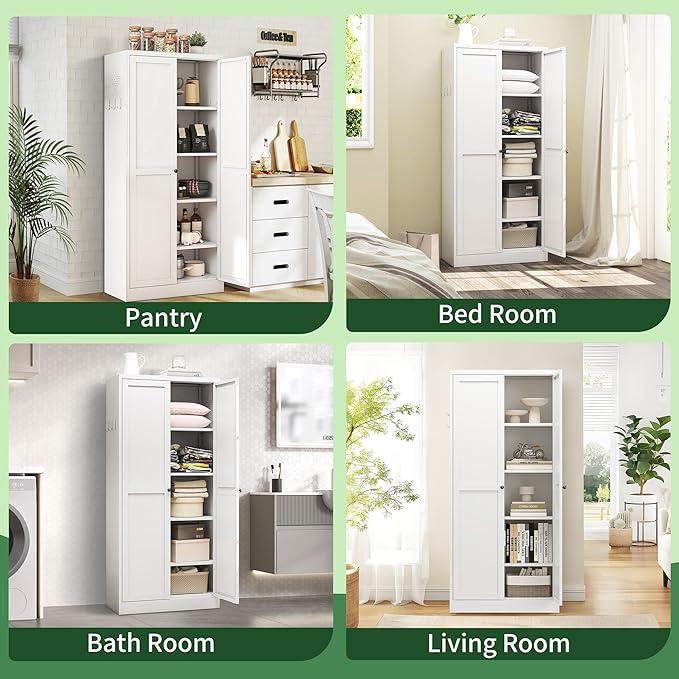 Kitchen Pantry Cabinet,White Metal Pantry Cabinet with 2 Doors & 4 Adjustable Shelves,61" Farmhouse Utility Storage Cabinet Rust-Resistant for Living Room,Dining Room,Bathroom,Garage,Basement