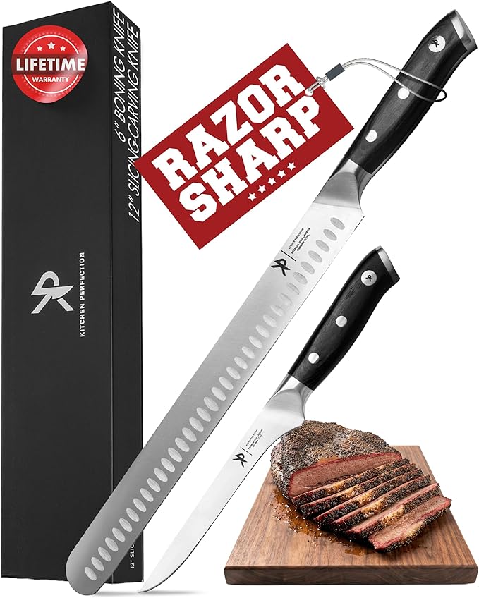 Kitchen perfection BBQ Carving Set for Meat -12??Brisket Slicing Knife +6??Boning Knife with Sheaths - Razor Sharp, Premium German Steel, Full Tang Ergonomic Handles- Perfect Grilling Gifts for Men