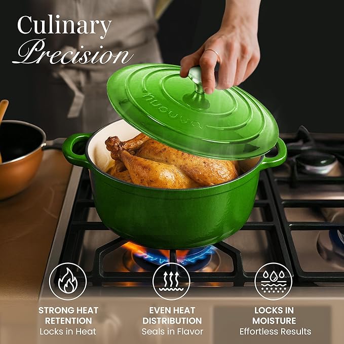 Nuovva Enamelled Cast Iron Dutch Oven Pot with Lid ??6.4 Quart Non Stick Casserole Pot ??Heavy Duty & Oven Safe up to 500째 F for Bread Baking, Braising, Stews, Roasting ??28cm Green