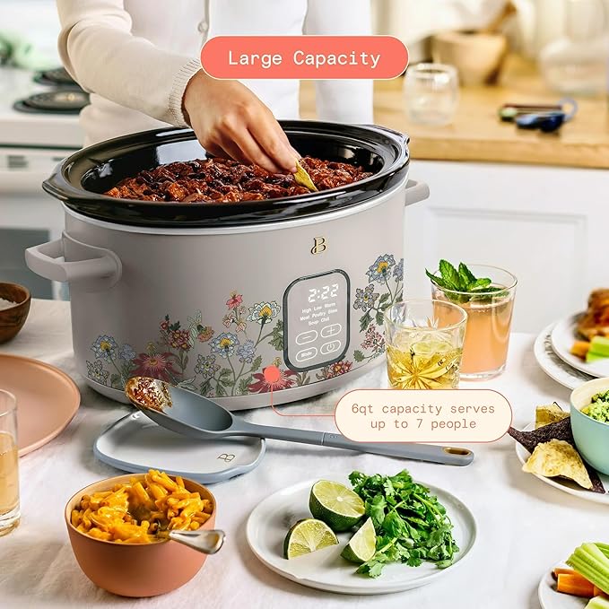 Beautiful 6 Quart Programmable Slow Cooker, 5 Cooking Presets, Digital Countdown Timer, Dishwasher Safe Parts by Drew Barrymore (Wildflower Porcini Taupe)