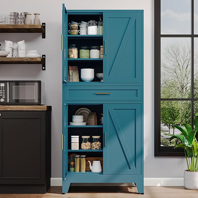 71"H Metal Kitchen Pantry Cabinet with Drawers,Blue Kitchen Storage Cabinets with Doors,Farmhouse Pantry Food Storage Cabinets,Tall Pantry Cabinets,Large Freestanding Cabinets for Dining Room