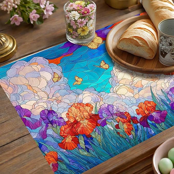 Jauageon Spring Iris Placemat Set of 4 Stained Glass Style Floral Placemats Flower Butterfly Table Mats for Indoor Outdoor Home Party Kitchen Dining Decor Farmhouse Burlap Table Mats 12x18 Inch