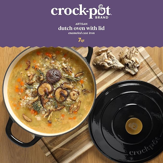 Crock Pot Artisan 7-Quart Round Cast Iron Dutch Oven with Lid ??Black Enamel Finish, Gold Knob, Durable Heavy-Duty Cookware for Slow Cooking, Baking, and Roasting