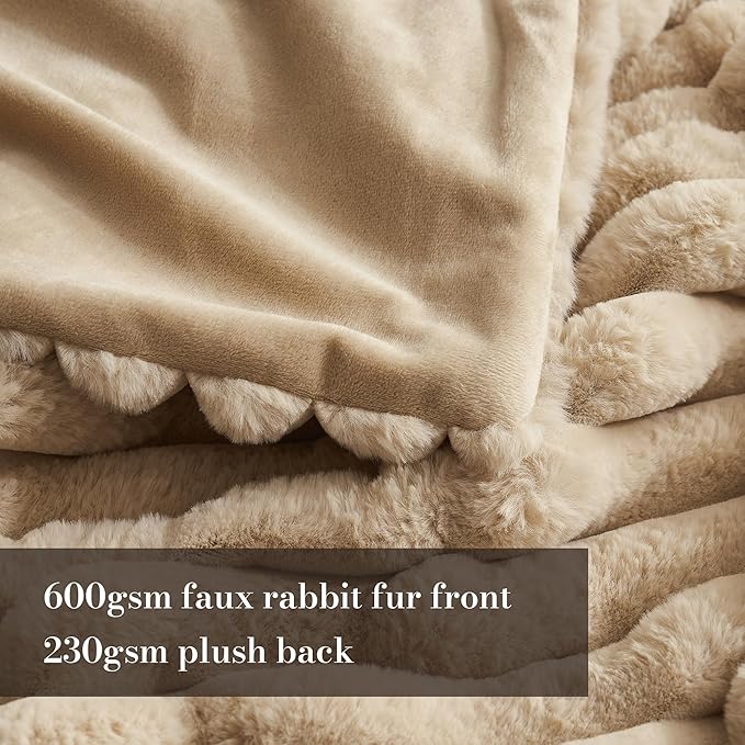 Am챕lie Home Faux Fur Throw Blanket for Couch, Cozy Fuzzy Fluffy Fur Luxurious Soft Striped Plush Gift Blankets for Family Sofa Chair, 60"x80", Beige
