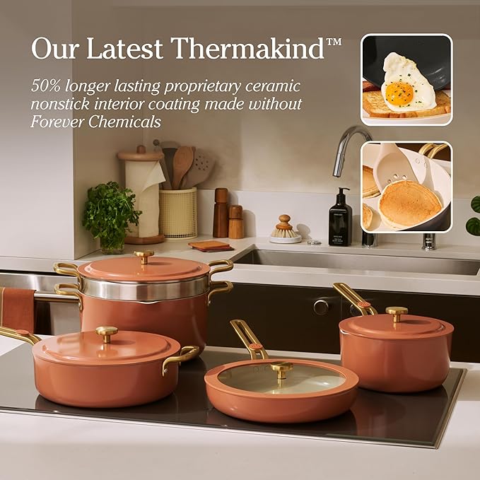 Our Place 11-Piece Essentials Complete Cookware Set - Ceramic Fry Pan, Saucepan, Saut챕 Pan, Stock Pot, Strainer Basket & Rack Storage | Thermakind??Nonstick, Oven Safe up to 450째F | Terracotta