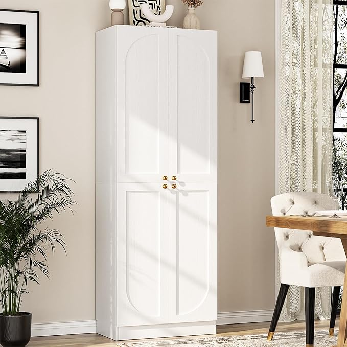 Cyclysio 80" Kitchen Pantry, Extra Tall Arch Storage Cabinet with 4 Doors and Adjustable Shelves, Freestanding Wood Cupboard with Seamless Fit Wall for Dining Living Room Bathroom Furniture (White)