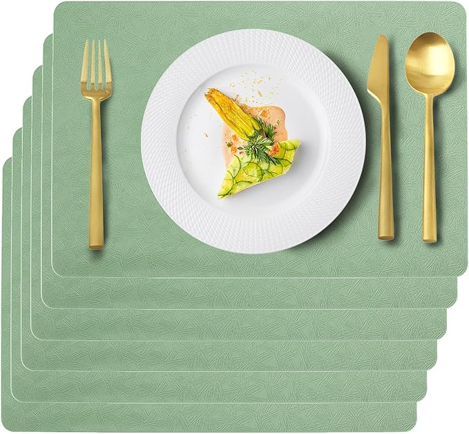 Uolr Vinyl Placemats Set of 6 Faux Leather 100% Waterproof Wipeable Washable Place Mats Heat Resistant Easy Clean Non-Slip Table Mats for Indoor Outdoor. (6, Green)