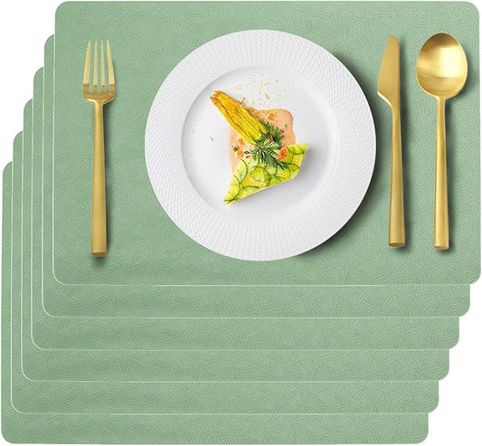 Uolr Vinyl Placemats Set of 6 Faux Leather 100% Waterproof Wipeable Washable Place Mats Heat Resistant Easy Clean Non-Slip Table Mats for Indoor Outdoor. (6, Green)