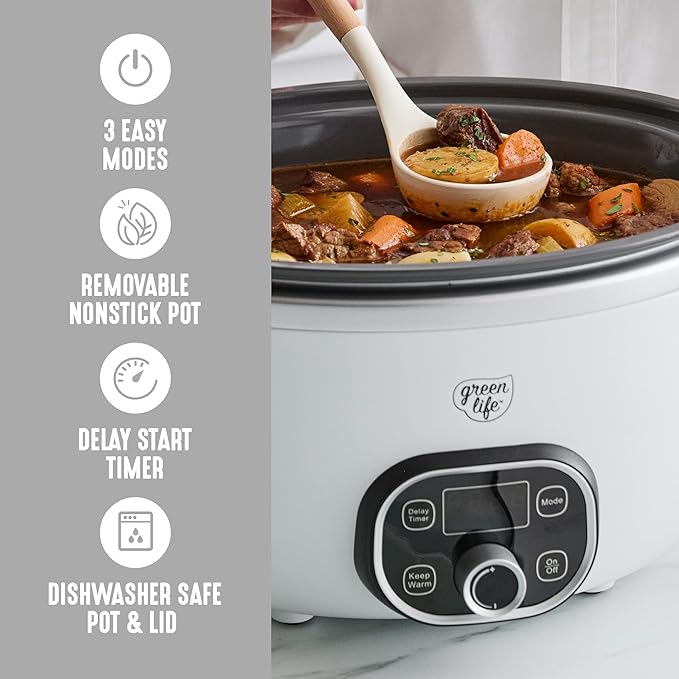 GreenLife 8QT Slow Cooker, Non-Toxic PFAS-Free Ceramic Nonstick Removable Interior Bowl, Programmable, Family Friendly, Keep Warm, Stovetop & Oven Safe, Dishwasher Safe Crock, Timer, Glass Lid, White