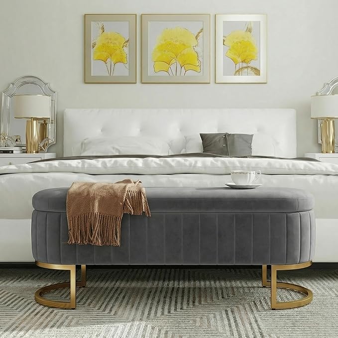 VIROL 65 Inch Storage Ottoman Bench Velvet End of Bed Storage Bench King Size Upholstered Tufted Bench Large Space for Bedroom Living Room Entryway Light Grey