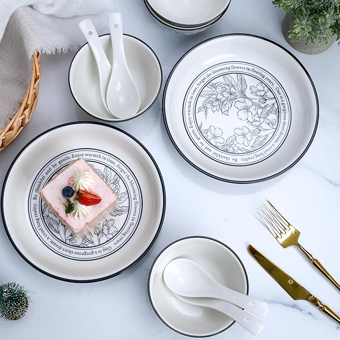 10 Piece Stoneware Dinnerware Sets for 2,White and Blue Floral Plates and Bowls Set, Microwave & Dishwasher Safe, Chip Resistant, Gift Box Included